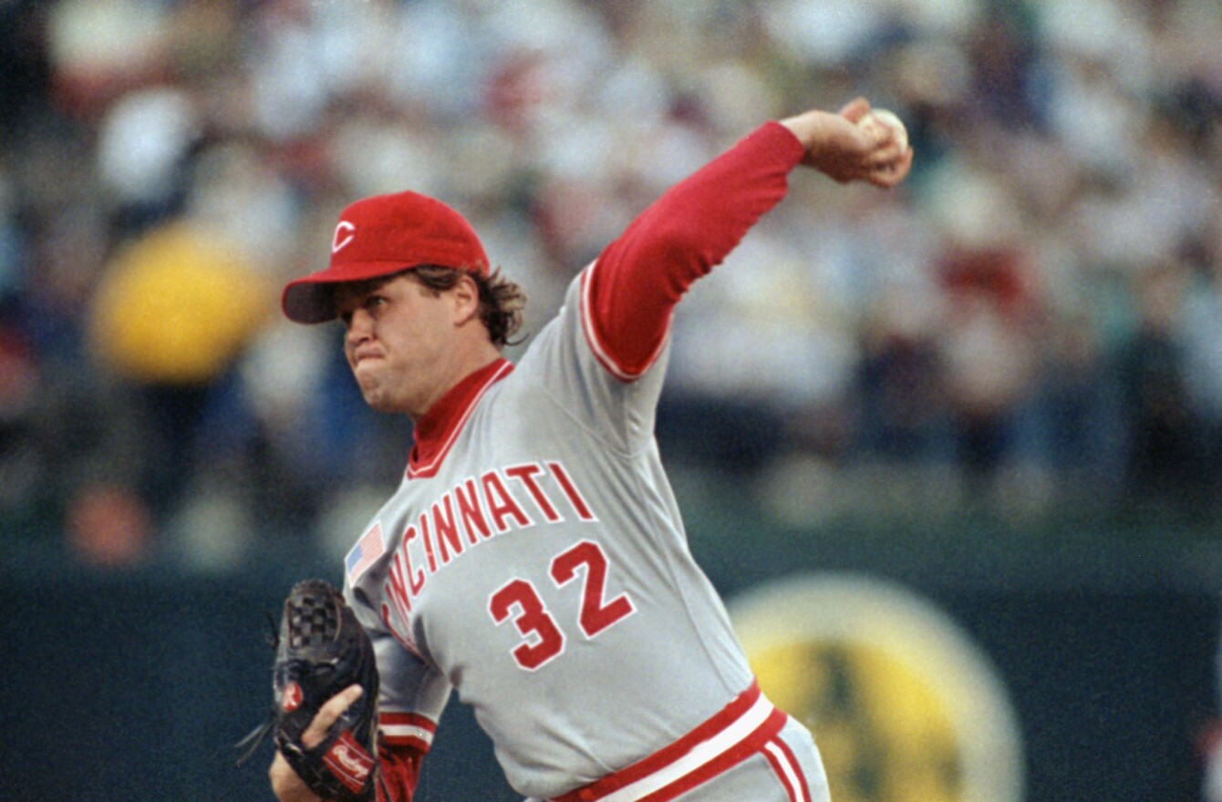 Cincinnati Reds Tom Browning pitches against the Oakland Athletics in the first inning of the third game of the World Series at Oakland Coliseum, Friday, Oct. 19, 1990, Oakland, Calif. 